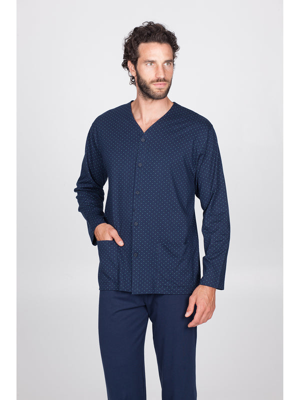 Pyjama long cardigan pratique en pur coton
