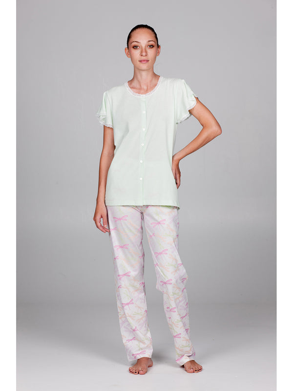 HALF-SLEEVE LONG PAJAMAS WITH LOW LACE IN FRESH JERSEY