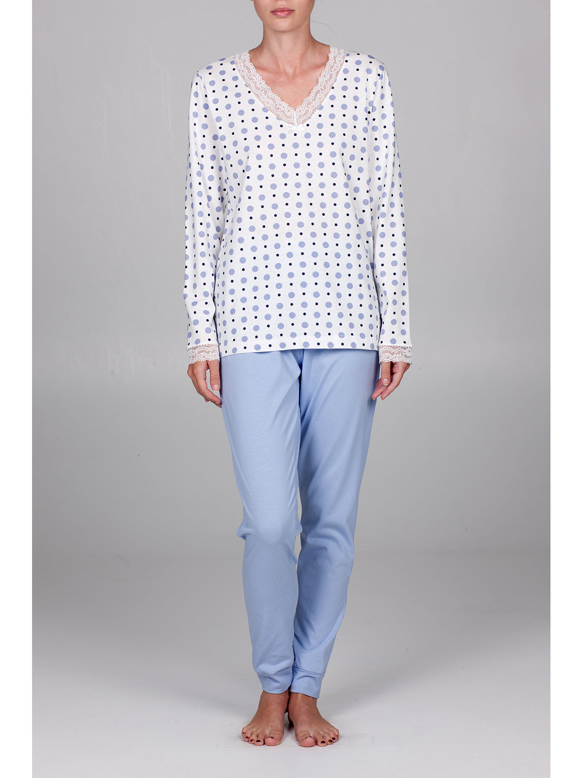 Pigiama lungo collo v con pizzo in cotone naturale Latte/azz. Boglietti