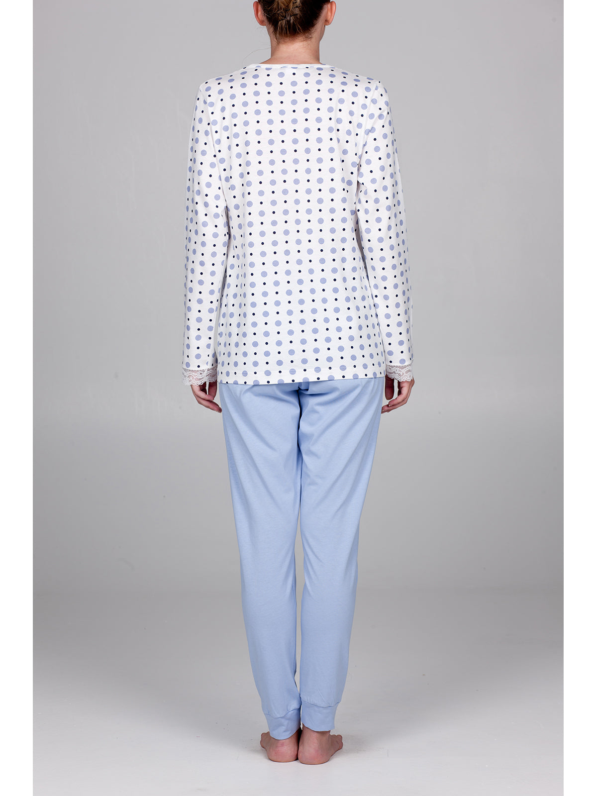 Pigiama lungo collo v con pizzo in cotone naturale Latte/azz. Boglietti