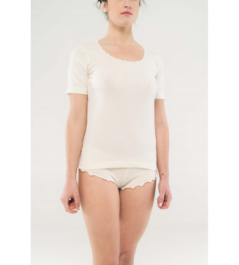 Maglia maniche corte cotone doppia maglia scollo pizzo Boglietti