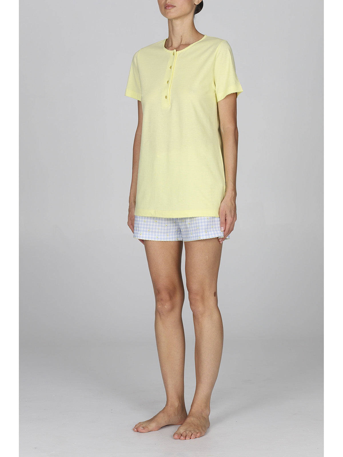 Pigiama corto donna con t-shirt gialla 100% cotone