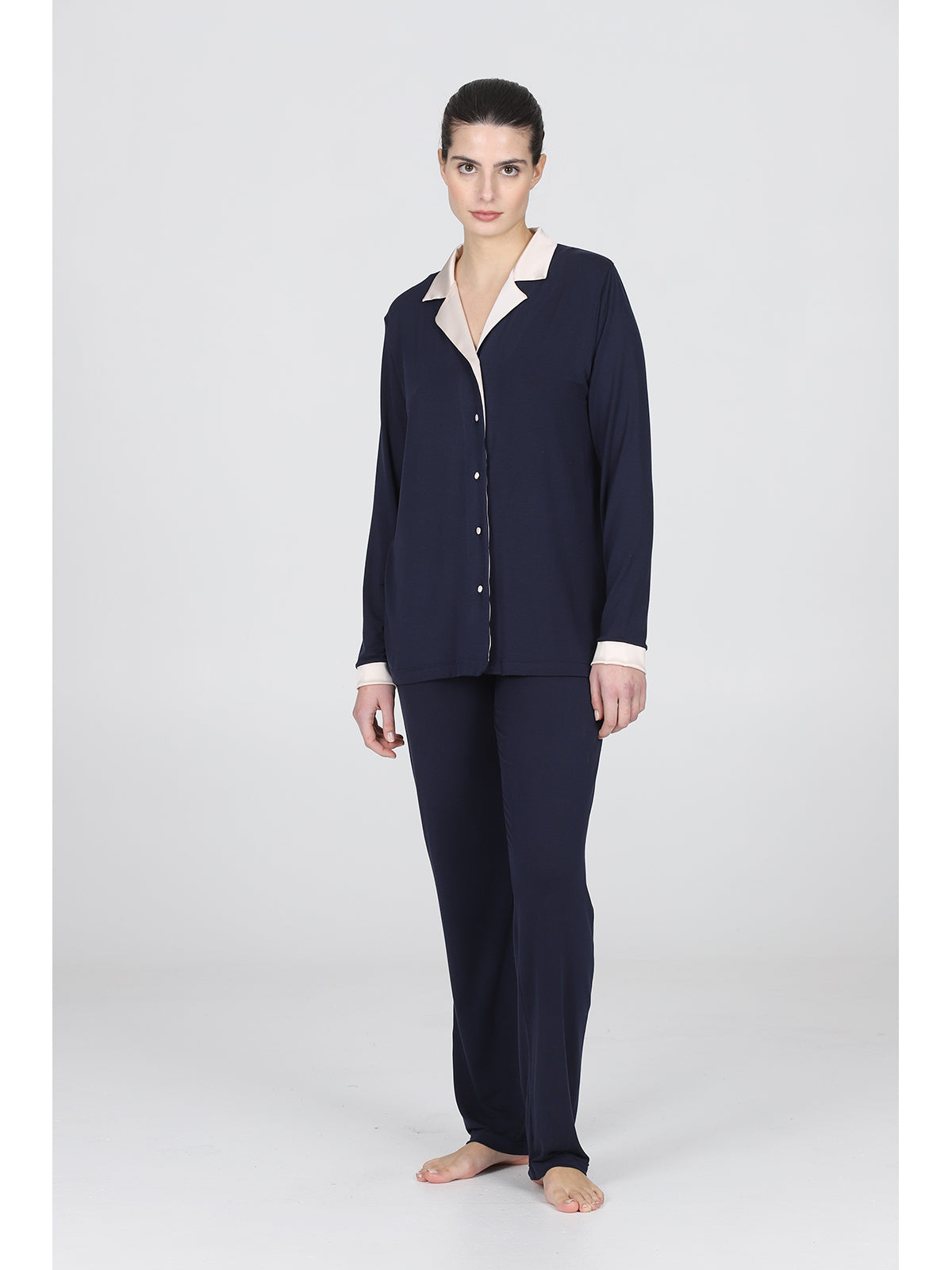 Pigiama lungo cardigan con revers in raso Blu Boglietti