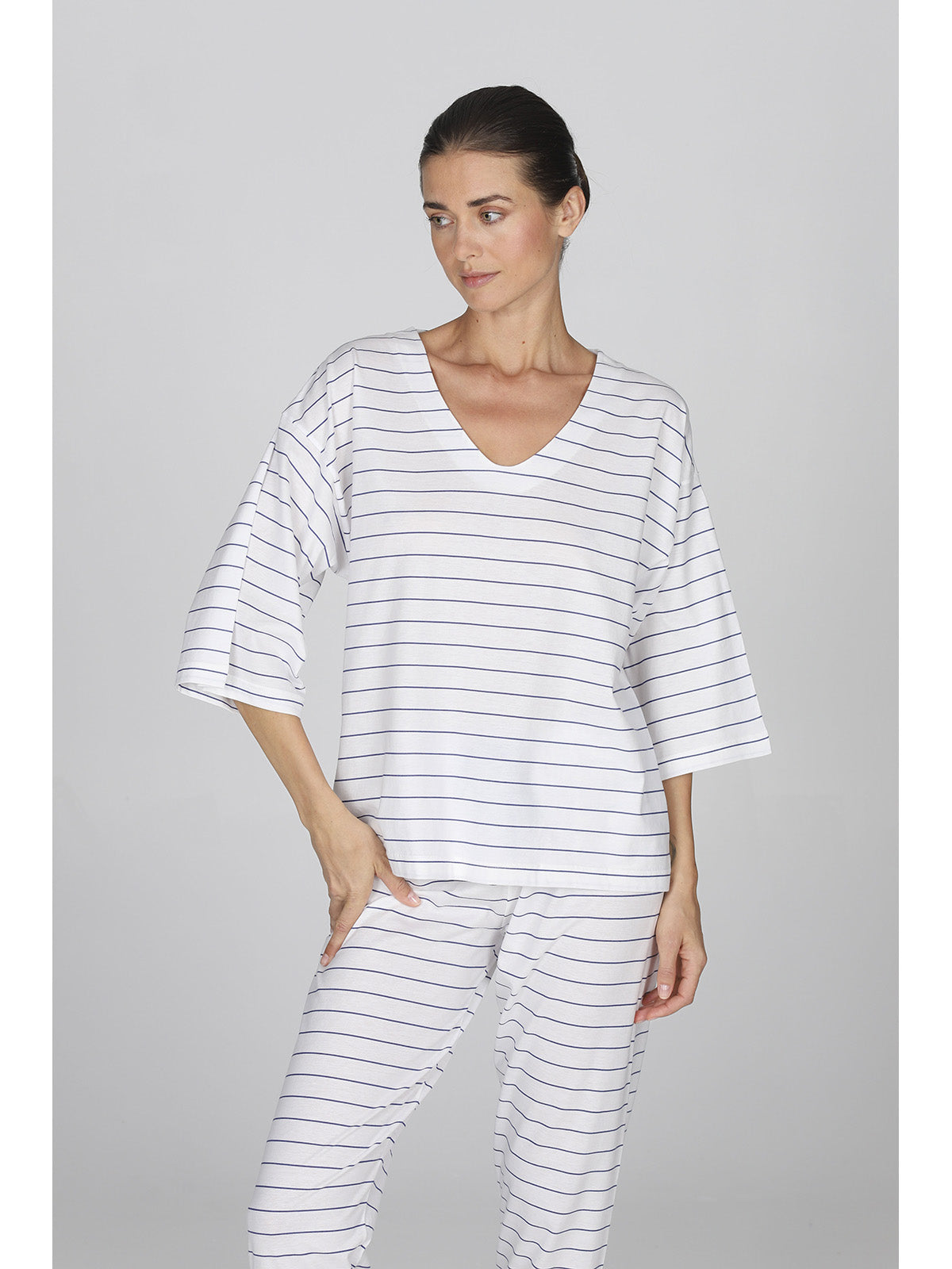 Fresca camicia da notte donna rigata in puro cotone