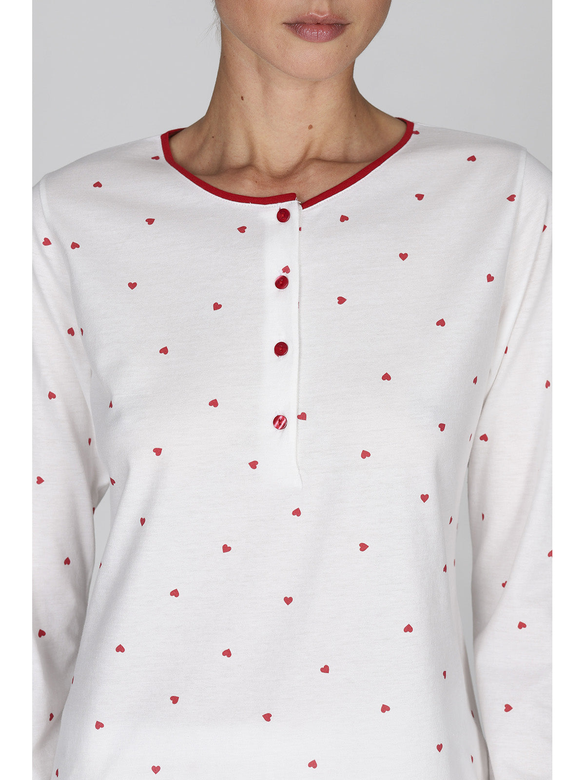 Pigiama lungo donna con cuoricini rossi in 100% co