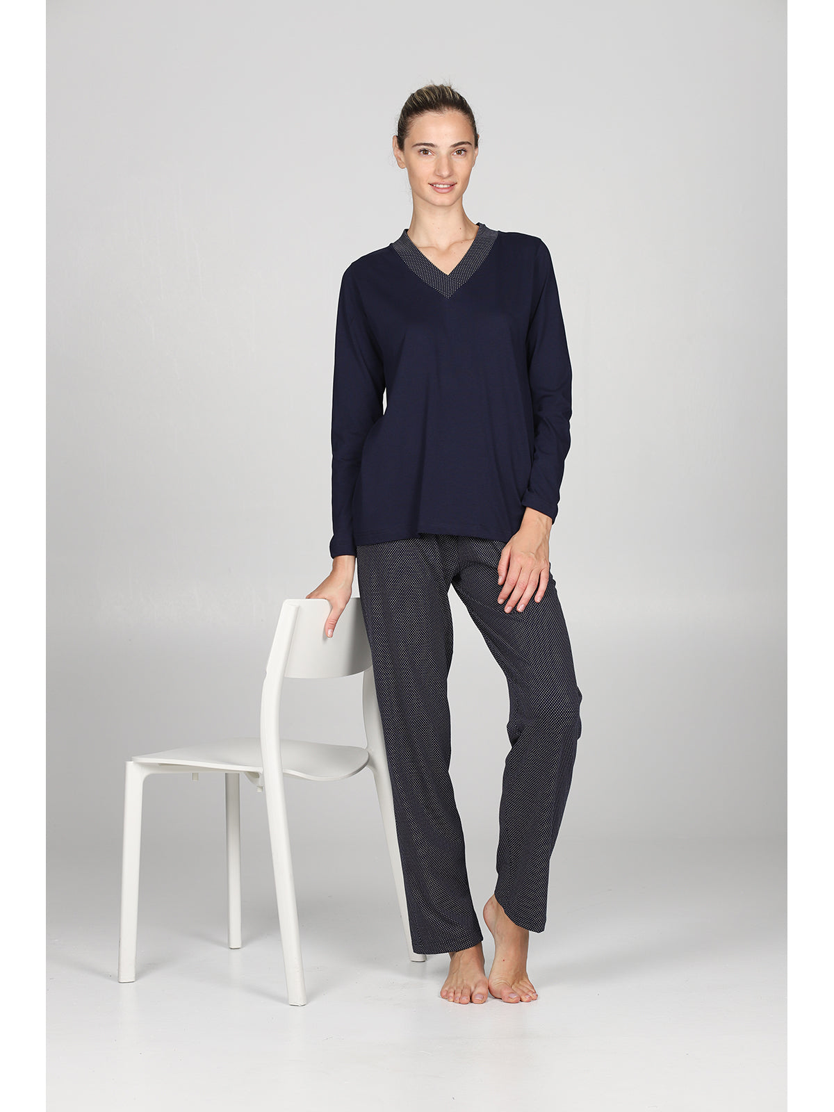 Elegante pigiama lungo a v in puro cotone Blu Boglietti