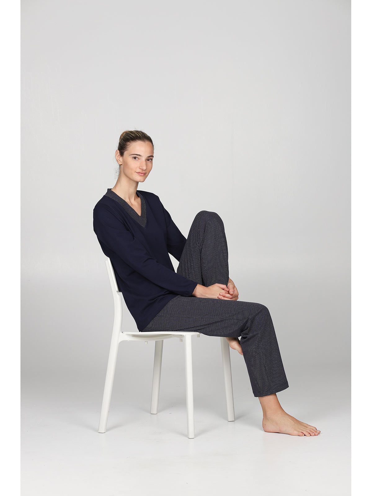 Elegante pigiama lungo a v in puro cotone Blu Boglietti