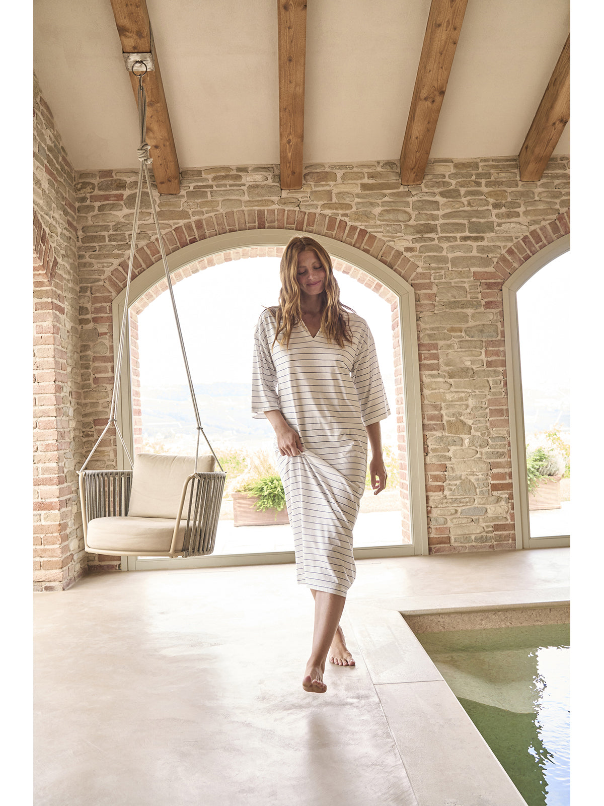 Fresca camicia da notte donna rigata in puro cotone