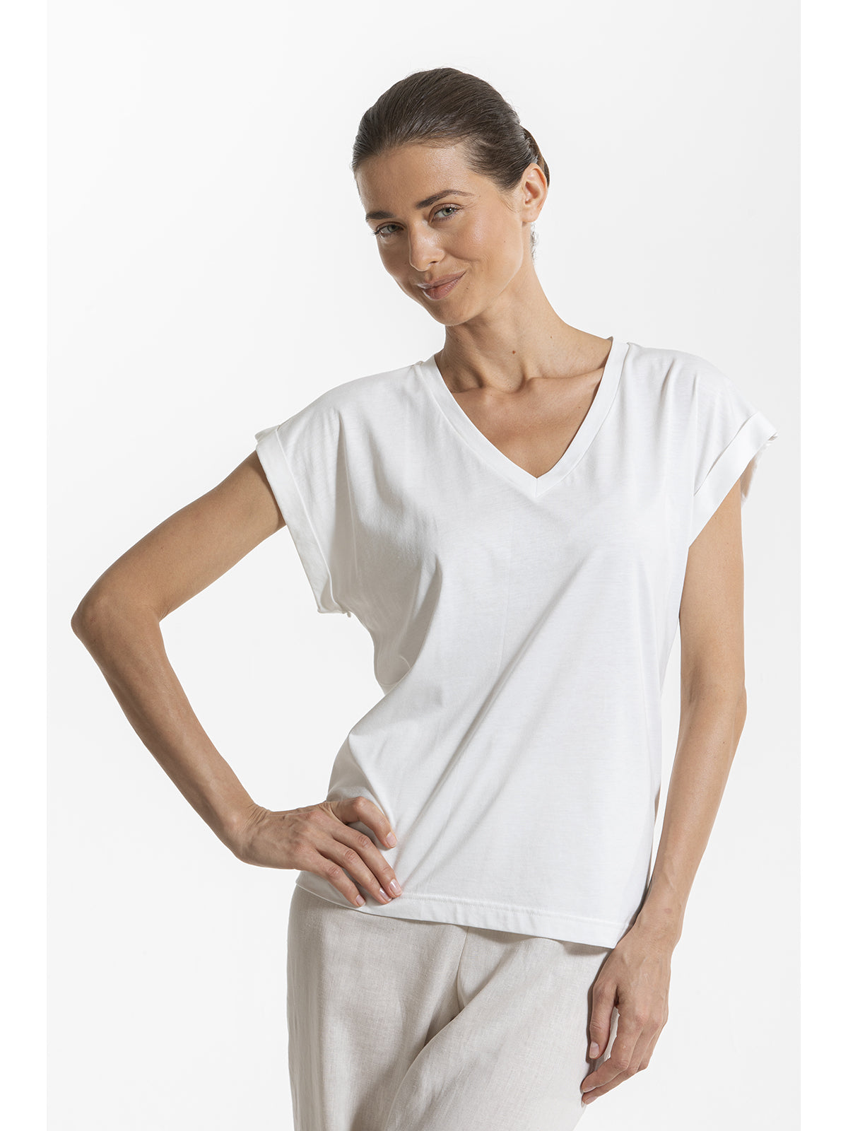 Esclusiva maglietta donna con pizzo in cotone e bamboo naturale