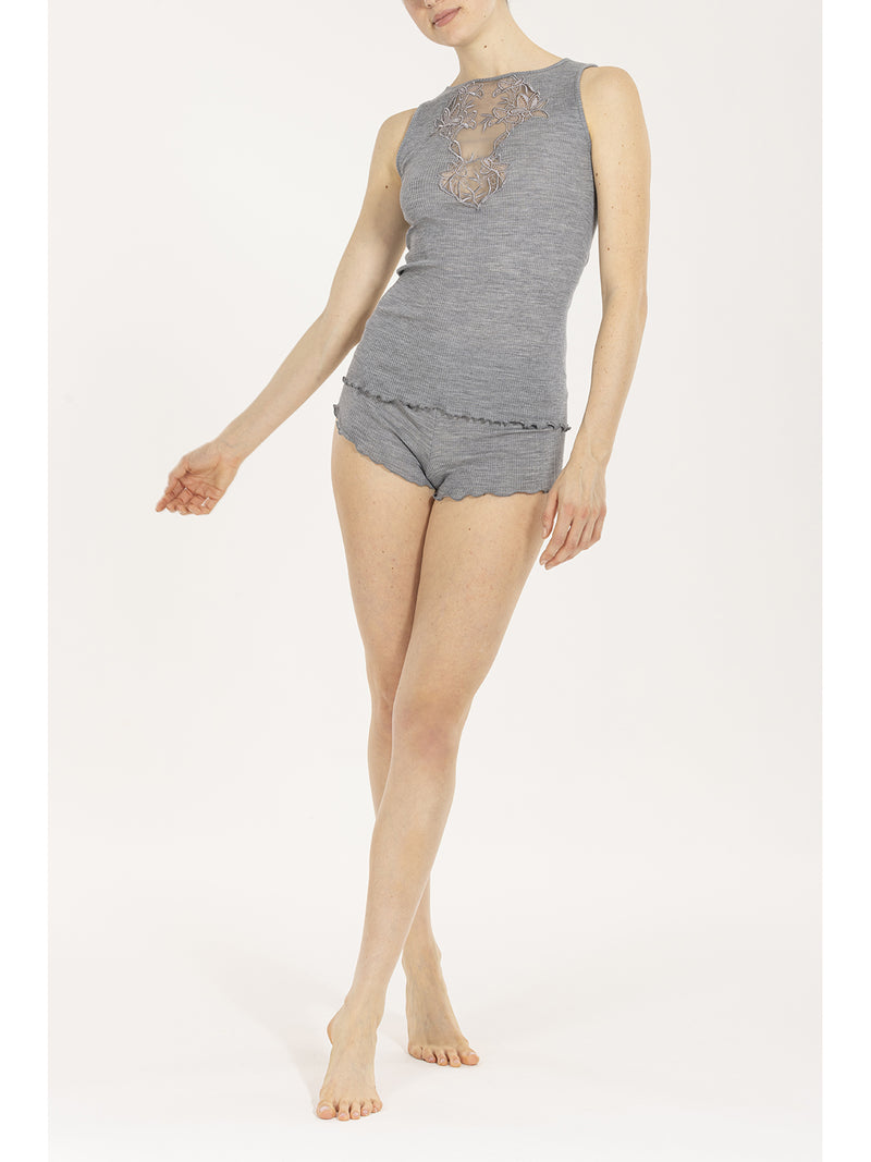 Wide strap tank top with embroidered tulle application