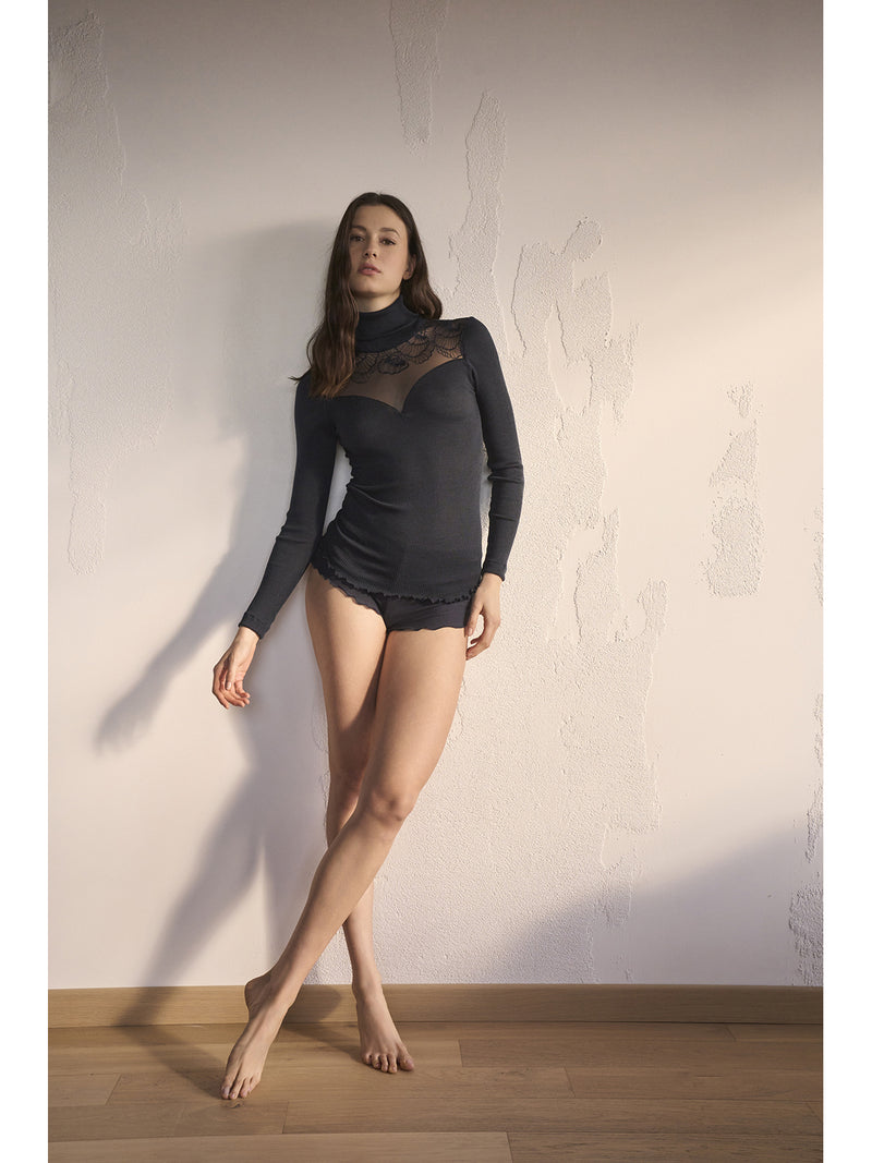 Long sleeve turtleneck with embroidered tulle body