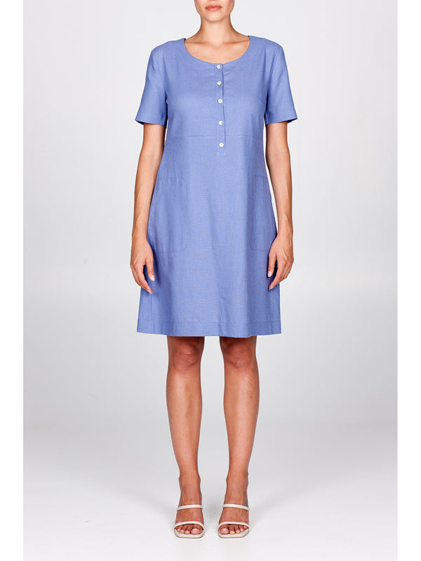 PRACTICAL SHORT-SLEEVED DRESS IN LINEN AND VISCOSE