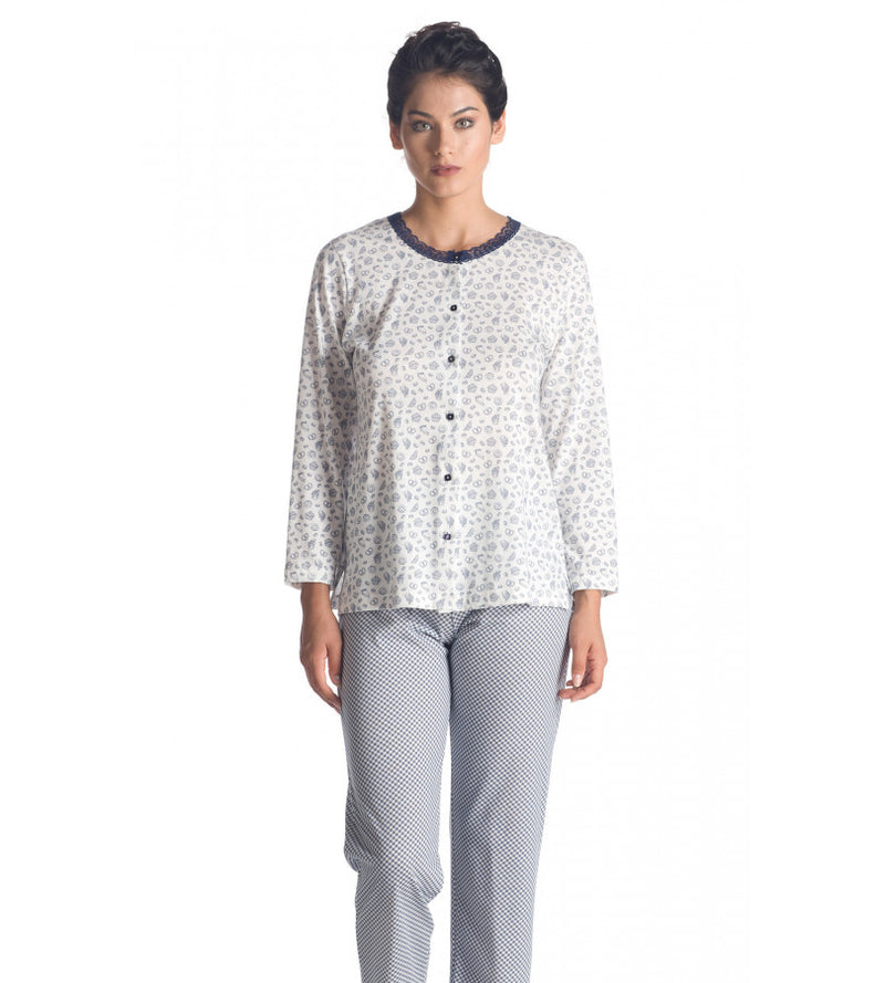 Pigiama cardigan giacca stampata con pizzo girocollo, pantalone stampato